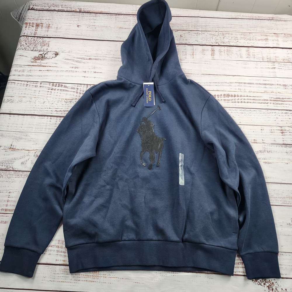 Polo Ralph Lauren Leather Pony Double Knit Hoodie Mens XL Aviator Navy NWT